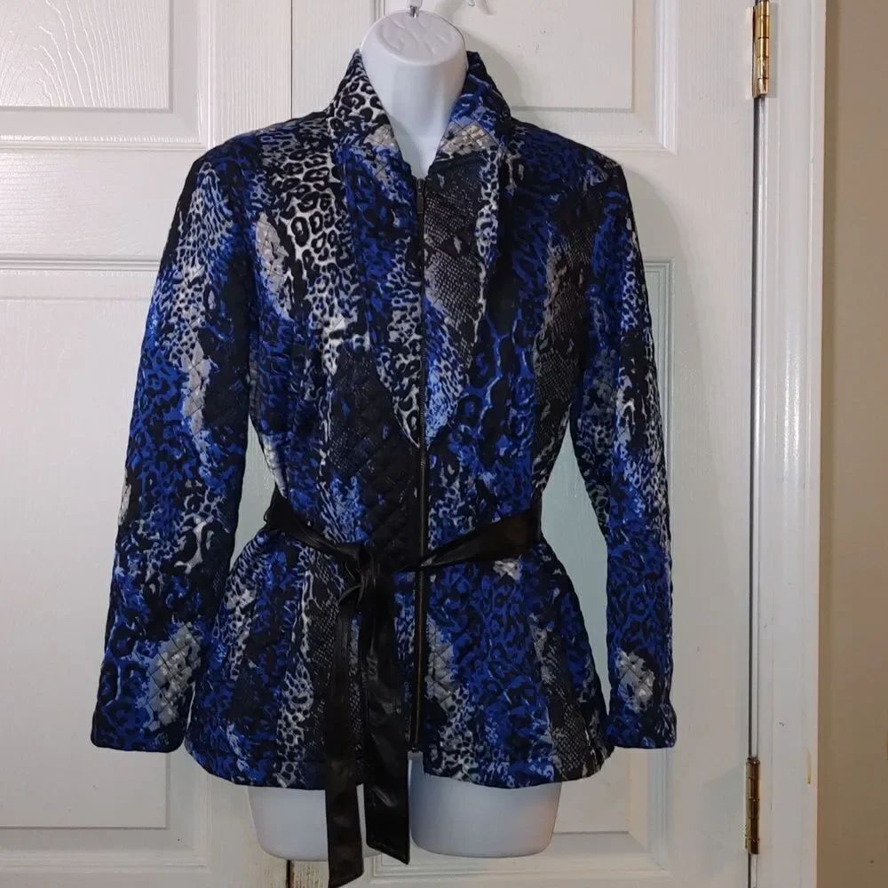 Sharon Young blue black white gray lightweight puffer jacket Sz 4